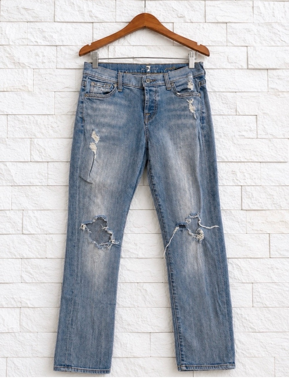 7 For All Mankind Distressed Light Blue Straight-Leg Jeans